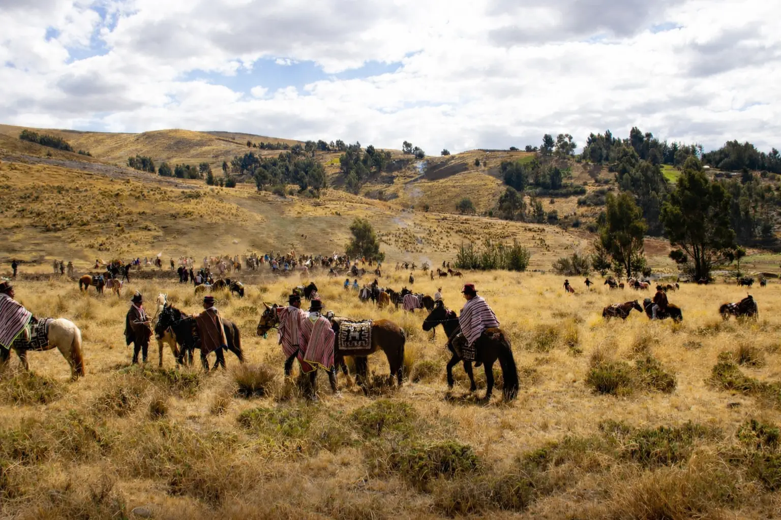 Comuneros con ponchos y sus caballos reunidos en la puna de Pomabamba, Ayacucho